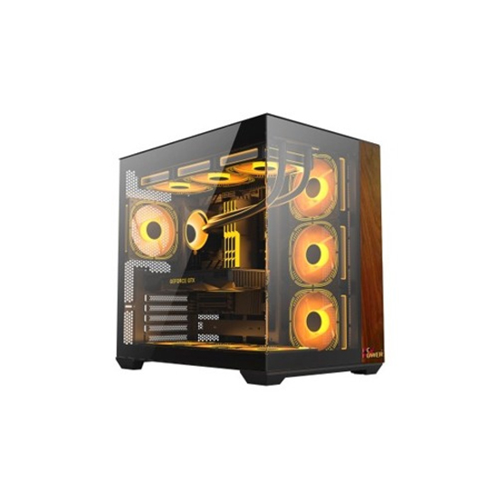 PC Power GS700 Mid Tower 7 X ARGB FAN WITH 650W PSU DARK WOOD ATX Gaming Desktop Casing