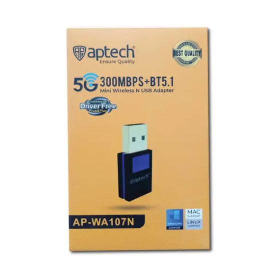 Aptech WA107N 300Mbps BT5.1 Mini Wireless USB Adapter